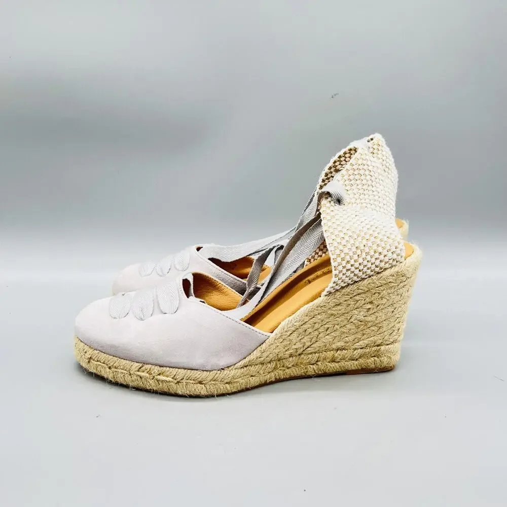 Paseart Sandals Womens 8.5 Gray Suede Espadrille Wedge Ankle Tie Lace Up Shoes